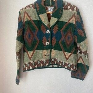 Side Saddle Aztec Southwest Style Green 100% Cotton Jacket - Size Medium - EUC